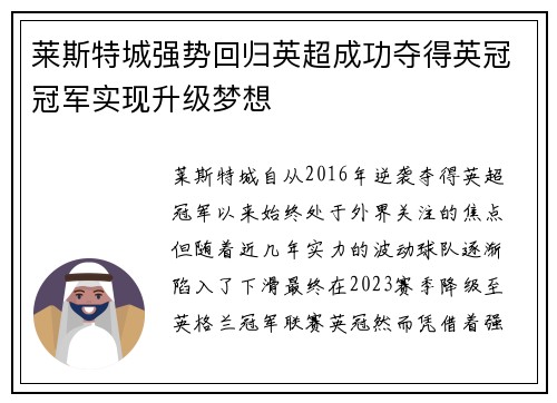 莱斯特城强势回归英超成功夺得英冠冠军实现升级梦想 莱斯特城强势回归英超成功夺得英冠冠军实现升级梦想