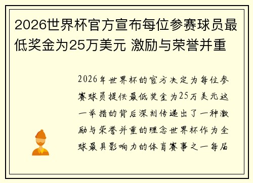 2026世界杯官方宣布每位参赛球员最低奖金为25万美元 激励与荣誉并重
